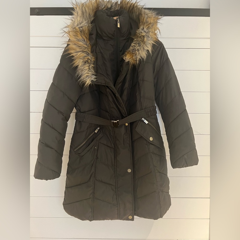 RACHEL Rachel Roy Black Puffer Coat with Faux Fur Trim